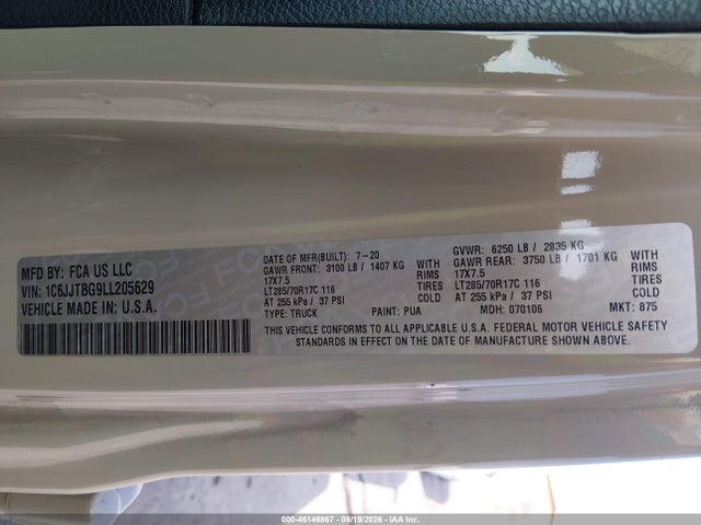 Продажа на аукционе авто 2020 Jeep Gladiator Rubicon 4x4, vin: 1C6JJTBG9LL205629, номер лота: 46146967
