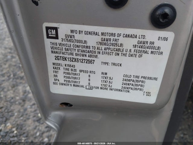 Aukcja sprzedaży 2006 Gmc Sierra 1500 Sle2, vin: 2GTEK13ZX61272567, numer aukcji: 46146970