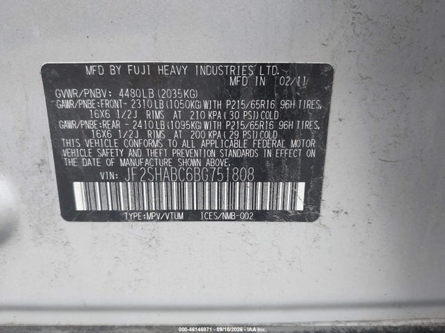 Продажа на аукционе авто 2011 Subaru Forester 2.5x, vin: JF2SHABC6BG751808, номер лота: 46146971