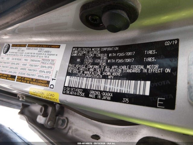 Aukcja sprzedaży 2019 Toyota 4runner Sr5, vin: JTEZU5JR0K5205678, numer aukcji: 46146976