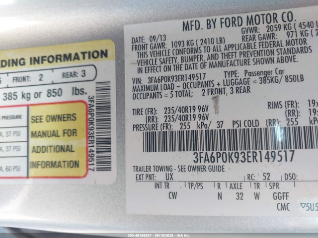 Aukcja sprzedaży 2014 Ford Fusion Titanium, vin: 3FA6P0K93ER149517, numer aukcji: 46146997