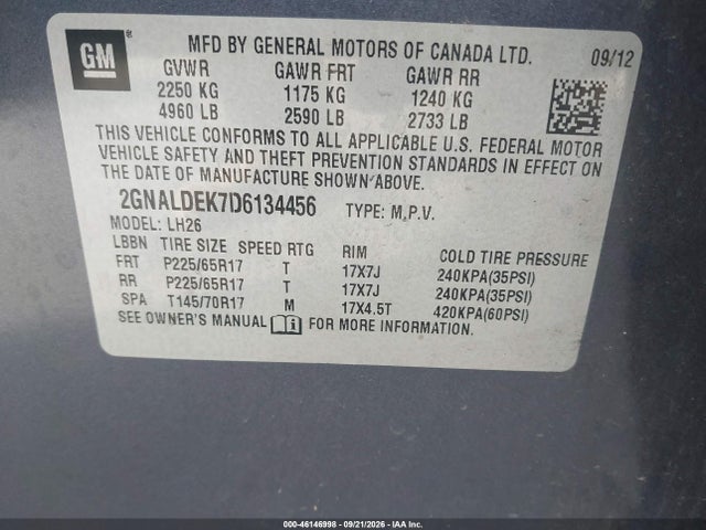 Продаж на аукціоні авто 2013 Chevrolet Equinox 1lt, vin: 2GNALDEK7D6134456, номер лоту: 46146998
