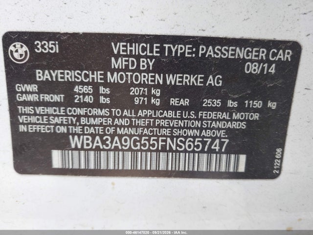 Продаж на аукціоні авто 2015 Bmw 335i, vin: WBA3A9G55FNS65747, номер лоту: 46147020