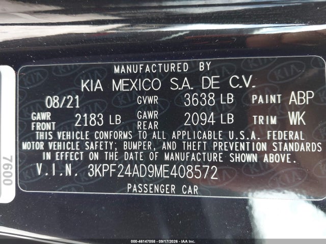 Продаж на аукціоні авто 2021 Kia Forte Fe, vin: 3KPF24AD9ME408572, номер лоту: 46147058