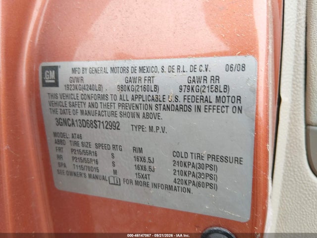 Продаж на аукціоні авто 2008 Chevrolet Hhr Ls, vin: 3GNCA13D68S712992, номер лоту: 46147067