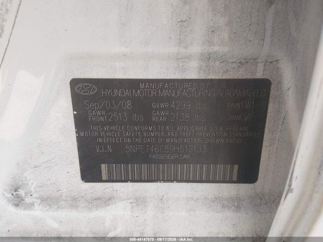 Aukcja sprzedaży 2009 Hyundai Sonata Gls, vin: 5NPET46C59H512133, numer aukcji: 46147070