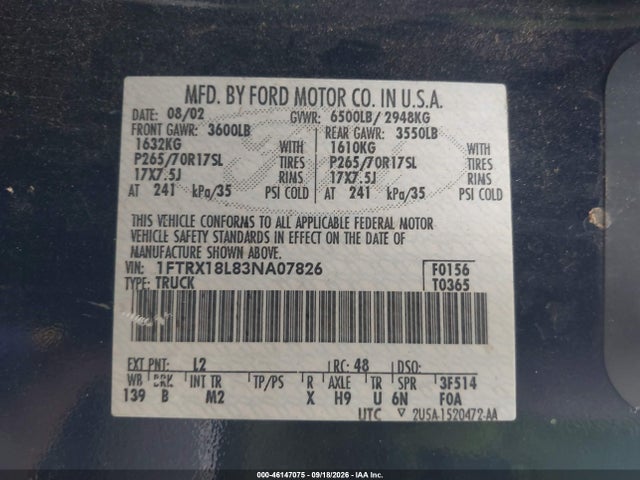 46147075 :رقم المزاد ، 1FTRX18L83NA07826 vin ، 2003 Ford F-150 Lariat/xl/xlt مزاد بيع