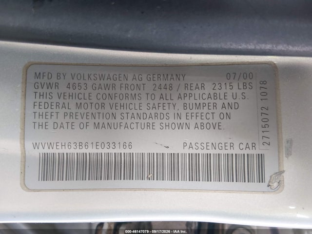 46147079 :رقم المزاد ، WVWEH63B61E033166 vin ، 2001 Volkswagen Passat Glx مزاد بيع