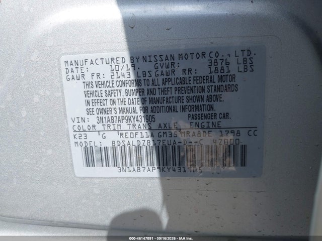 2019 Nissan Sentra Sv მანქანა იყიდება აუქციონზე, vin: 3N1AB7AP9KY431905, აუქციონის ნომერი: 46147091