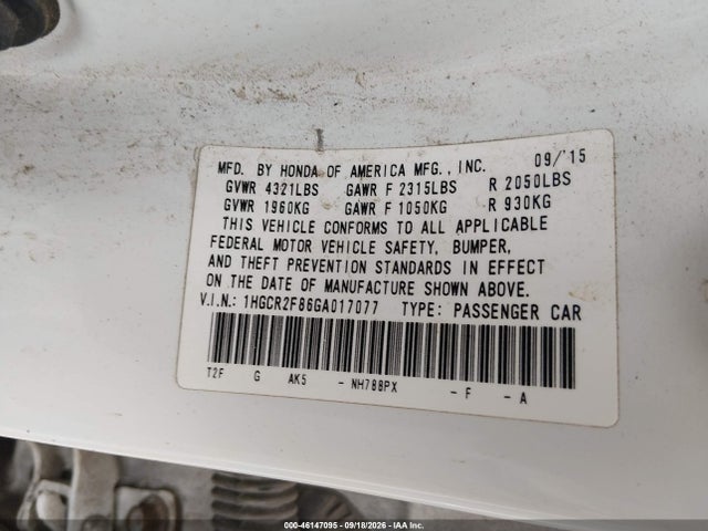 Продажа на аукционе авто 2016 Honda Accord Ex-l, vin: 1HGCR2F86GA017077, номер лота: 46147095