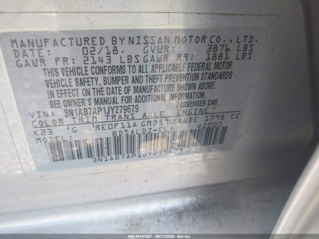 Aukcja sprzedaży 2018 Nissan Sentra Sv, vin: 3N1AB7AP1JY279679, numer aukcji: 46147097