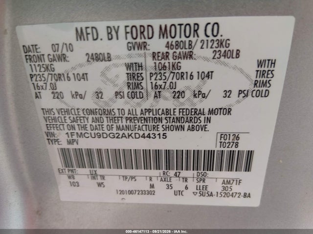 46147113 :رقم المزاد ، 1FMCU9DG2AKD44315 vin ، 2010 Ford Escape Xlt مزاد بيع