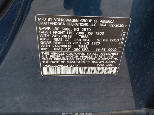 Продажа на аукционе авто 2020 Volkswagen Atlas Cross Sport 2.0t S, vin: 1V2GC2CA6LC212313, номер лота: 46147137
