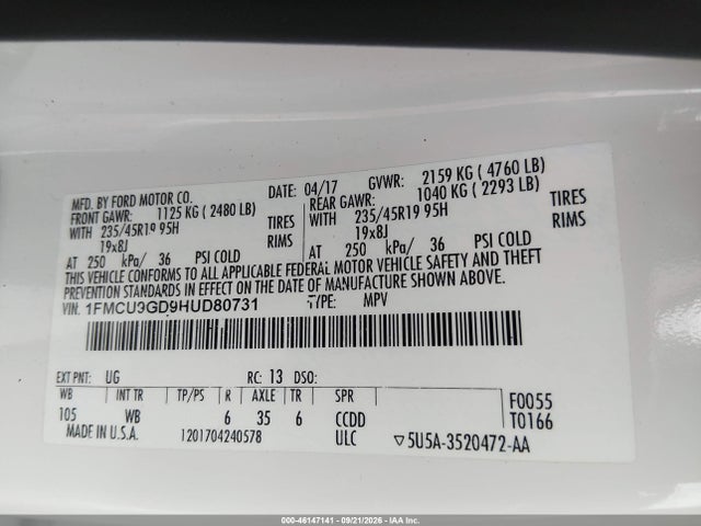 46147141 :رقم المزاد ، 1FMCU9GD9HUD80731 vin ، 2017 Ford Escape Se مزاد بيع