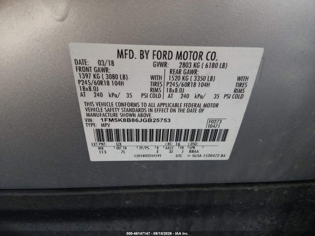 46147147 :رقم المزاد ، 1FM5K8B86JGB25753 vin ، 2018 Ford Explorer مزاد بيع