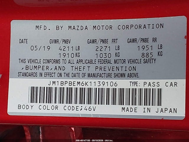 Продаж на аукціоні авто 2019 Mazda Mazda3 Premium Package, vin: JM1BPBEM6K1139106, номер лоту: 46147150