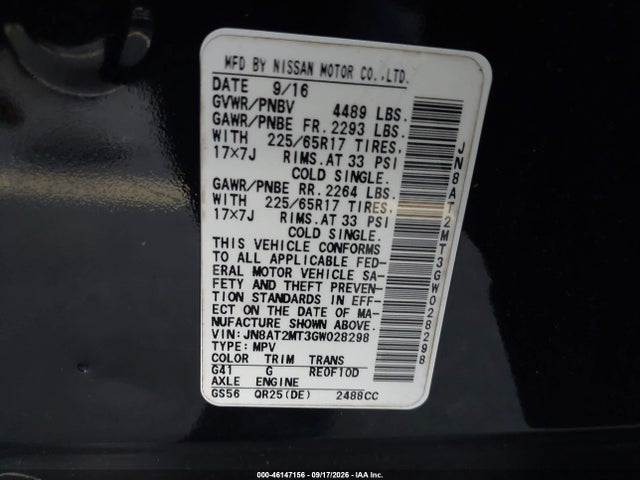 Продажа на аукционе авто 2016 Nissan Rogue Sv, vin: JN8AT2MT3GW028298, номер лота: 46147156