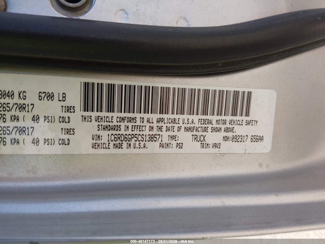 46147173 :رقم المزاد ، 1C6RD6GP5CS138571 vin ، 2012 Ram 1500 Slt مزاد بيع