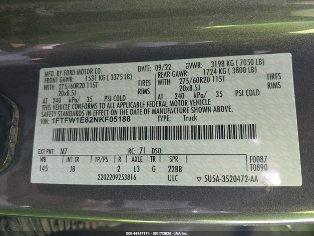 Продажа на аукционе авто 2022 Ford F-150 Xl, vin: 1FTFW1E82NKF05188, номер лота: 46147174