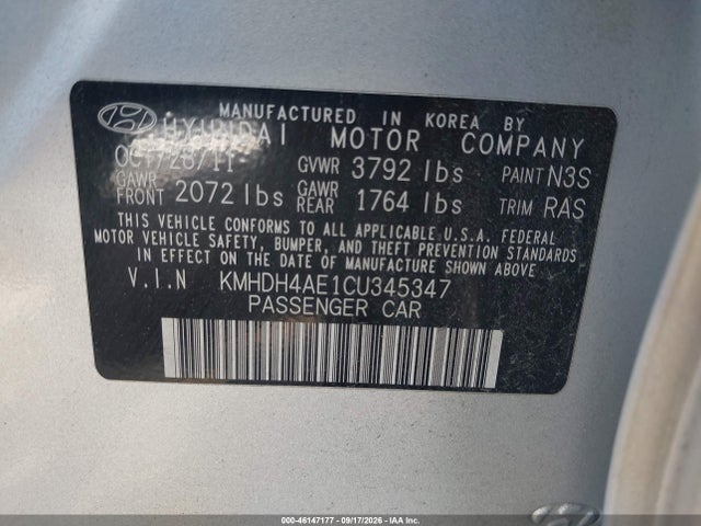 46147177 :رقم المزاد ، KMHDH4AE1CU345347 vin ، 2012 Hyundai Elantra Limited (ulsan Plant) مزاد بيع
