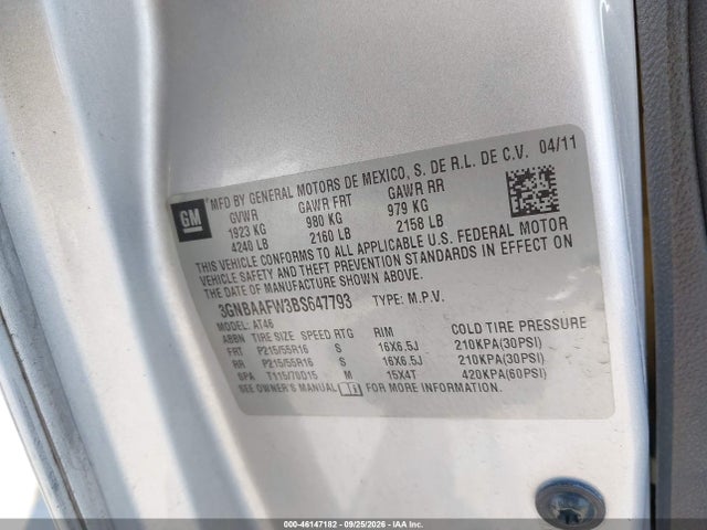 46147182 :رقم المزاد ، 3GNBAAFW3BS647793 vin ، 2011 Chevrolet Hhr Ls مزاد بيع