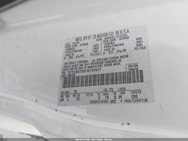 46147189 :رقم المزاد ، 1FTZX072X1KF39631 vin ، 2001 Ford F-150 Xl/xlt مزاد بيع