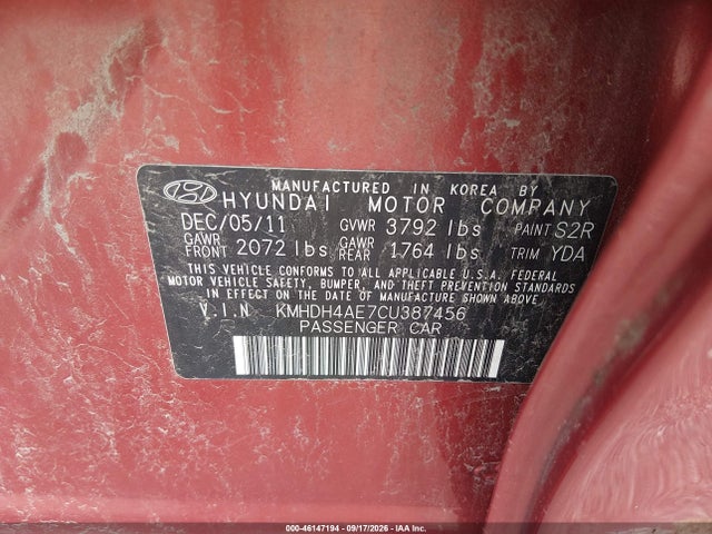 Продажа на аукционе авто 2012 Hyundai Elantra Gls (ulsan Plant), vin: KMHDH4AE7CU387456, номер лота: 46147194