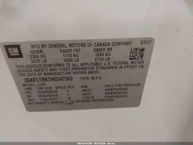 46147209 :رقم المزاد ، 2GKFLTEK7H6347362 vin ، 2017 Gmc Terrain Sle-2 مزاد بيع