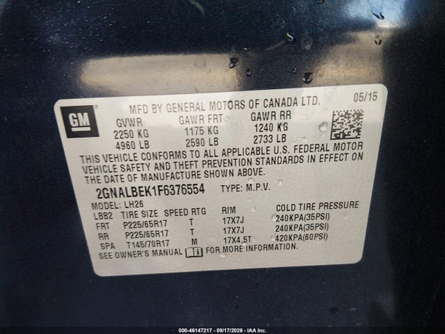 Aukcja sprzedaży 2015 Chevrolet Equinox 1lt, vin: 2GNALBEK1F6376554, numer aukcji: 46147217