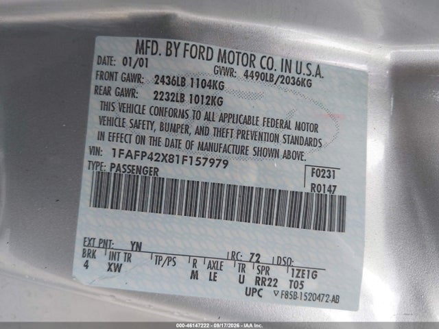 Aukcja sprzedaży 2001 Ford Mustang Gt, vin: 1FAFP42X81F157979, numer aukcji: 46147222