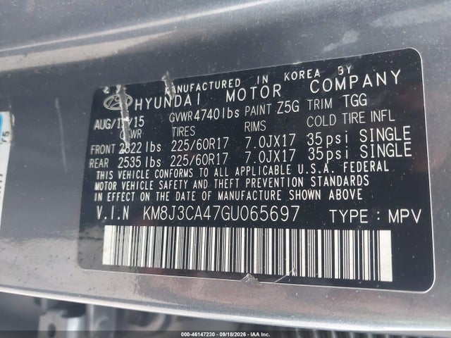 46147230 :رقم المزاد ، KM8J3CA47GU065697 vin ، 2016 Hyundai Tucson Se مزاد بيع