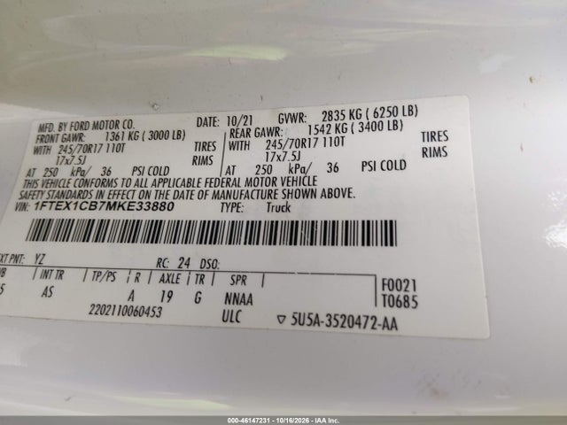 1FTEX1CB7MKE33880 Ford F-150 Xl