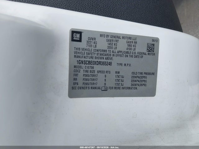 46147267 :رقم المزاد ، 1GNSCBE0XDR365248 vin ، 2013 Chevrolet Tahoe Lt مزاد بيع