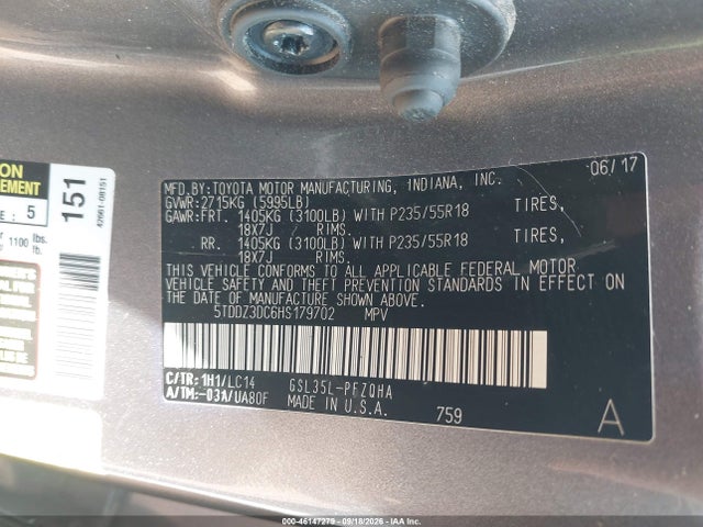 46147279 :رقم المزاد ، 5TDDZ3DC6HS179702 vin ، 2017 Toyota Sienna Xle 7 Passenger مزاد بيع