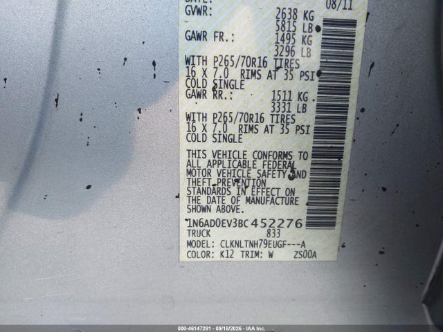 2011 Nissan Frontier Sv მანქანა იყიდება აუქციონზე, vin: 1N6AD0EV3BC452276, აუქციონის ნომერი: 46147281