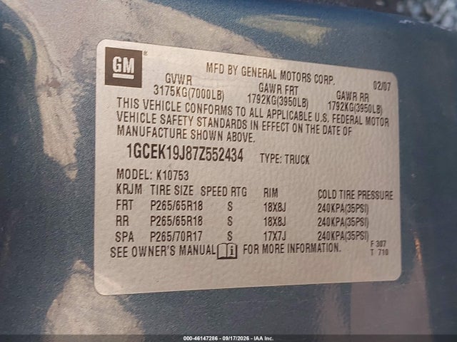 Продажа на аукционе авто 2007 Chevrolet Silverado 1500 Ltz, vin: 1GCEK19J87Z552434, номер лота: 46147286