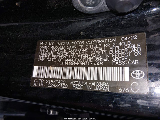 46147291 :رقم المزاد ، JTND4MBE5N3175304 vin ، 2022 Toyota Corolla Se Nightshade Edition مزاد بيع