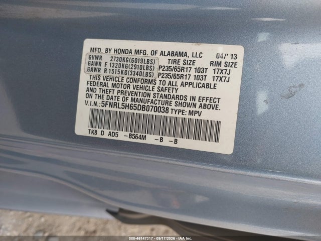Продаж на аукціоні авто 2013 Honda Odyssey Ex-l, vin: 5FNRL5H65DB070038, номер лоту: 46147317