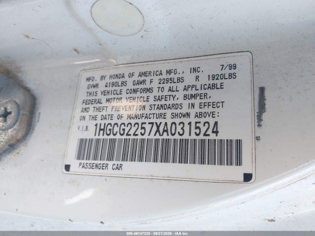 1999 Honda Accord Ex V6 მანქანა იყიდება აუქციონზე, vin: 1HGCG2257XA031524, აუქციონის ნომერი: 46147330