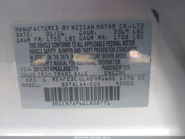 Продажа на аукционе авто 2016 Nissan Versa 1.6 S, vin: 3N1CN7AP6GL858771, номер лота: 46147335