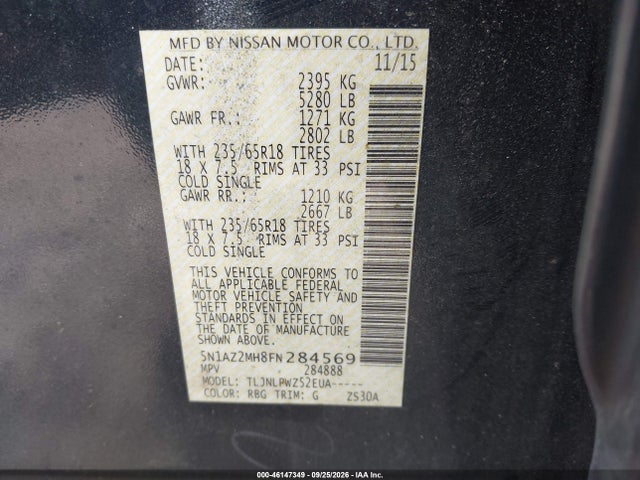 46147349 :رقم المزاد ، 5N1AZ2MH8FN284569 vin ، 2015 Nissan Murano S مزاد بيع
