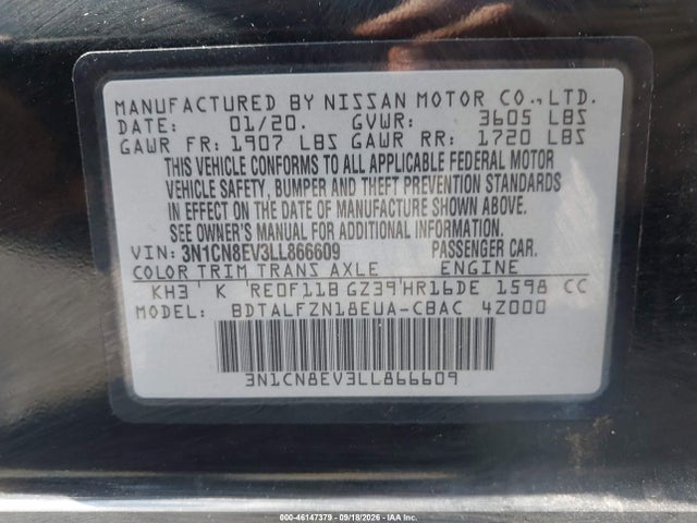 Aukcja sprzedaży 2020 Nissan Versa Sv Xtronic Cvt, vin: 3N1CN8EV3LL866609, numer aukcji: 46147379