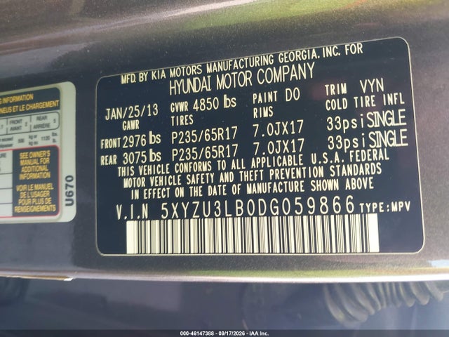 Aukcja sprzedaży 2013 Hyundai Santa Fe Sport, vin: 5XYZU3LB0DG059866, numer aukcji: 46147388