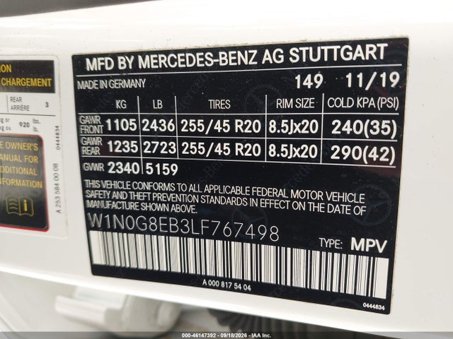 46147392 :رقم المزاد ، W1N0G8EB3LF767498 vin ، 2020 Mercedes-benz Glc 300 4matic مزاد بيع