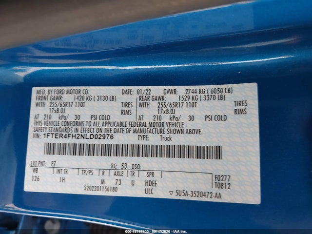 46147400 :رقم المزاد ، 1FTER4FH2NLD02976 vin ، 2022 Ford Ranger Xlt مزاد بيع