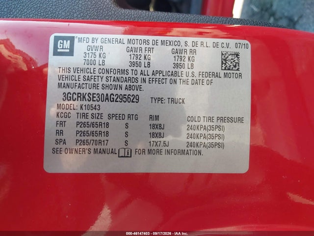 46147403 :رقم المزاد ، 3GCRKSE30AG295629 vin ، 2010 Chevrolet Silverado 1500 Lt مزاد بيع