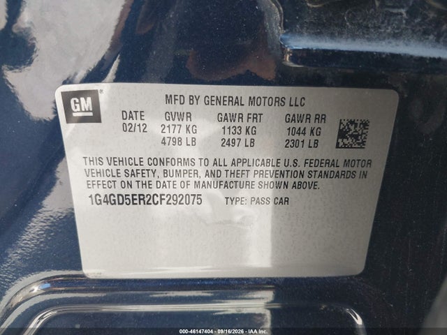 Продажа на аукционе авто 2012 Buick Lacrosse Premium 1 Group, vin: 1G4GD5ER2CF292075, номер лота: 46147404