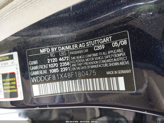 46147406 :رقم المزاد ، WDDGF81X48F180475 vin ، 2008 Mercedes-benz C 300 Luxury 4matic/sport 4matic مزاد بيع