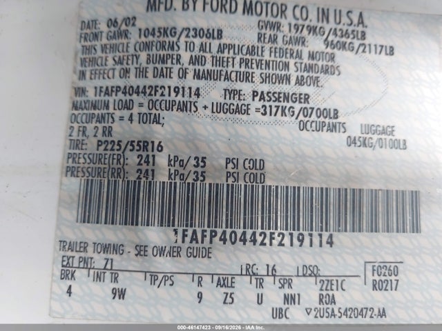 Продаж на аукціоні авто 2002 Ford Mustang, vin: 1FAFP40442F219114, номер лоту: 46147423