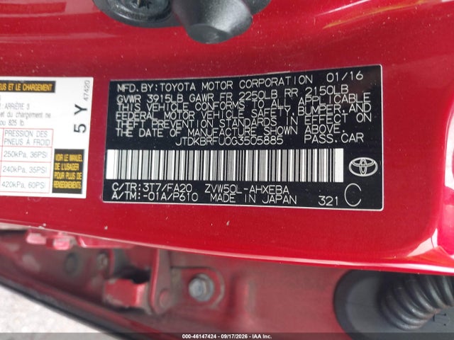 Продаж на аукціоні авто 2016 Toyota Prius Two, vin: JTDKBRFU0G3505885, номер лоту: 46147424